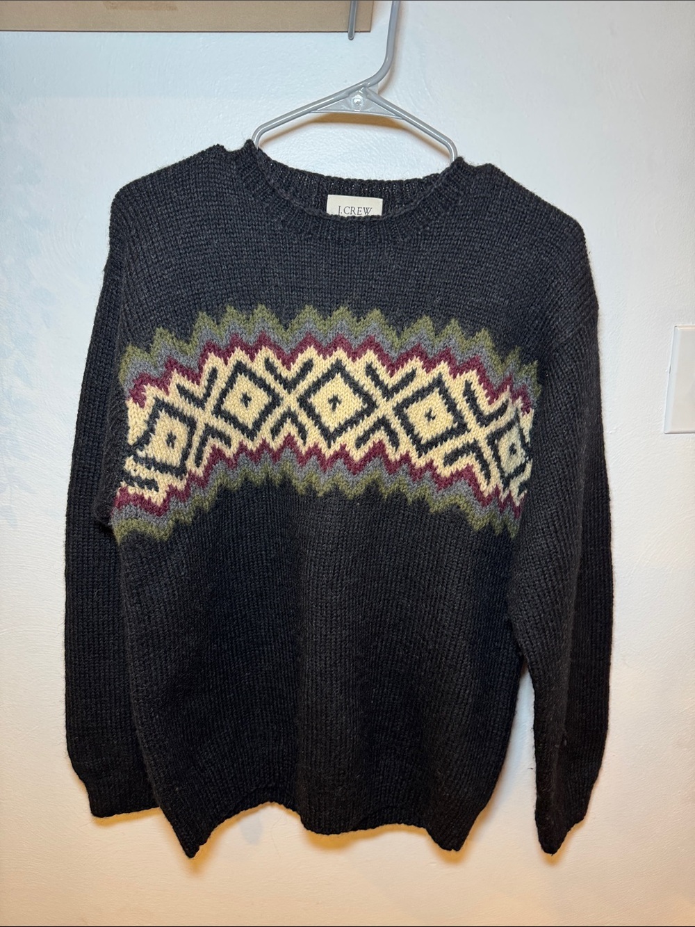 J. Crew vintage Black Fair Isle Wool Hand Knit Crewneck Sweater size M